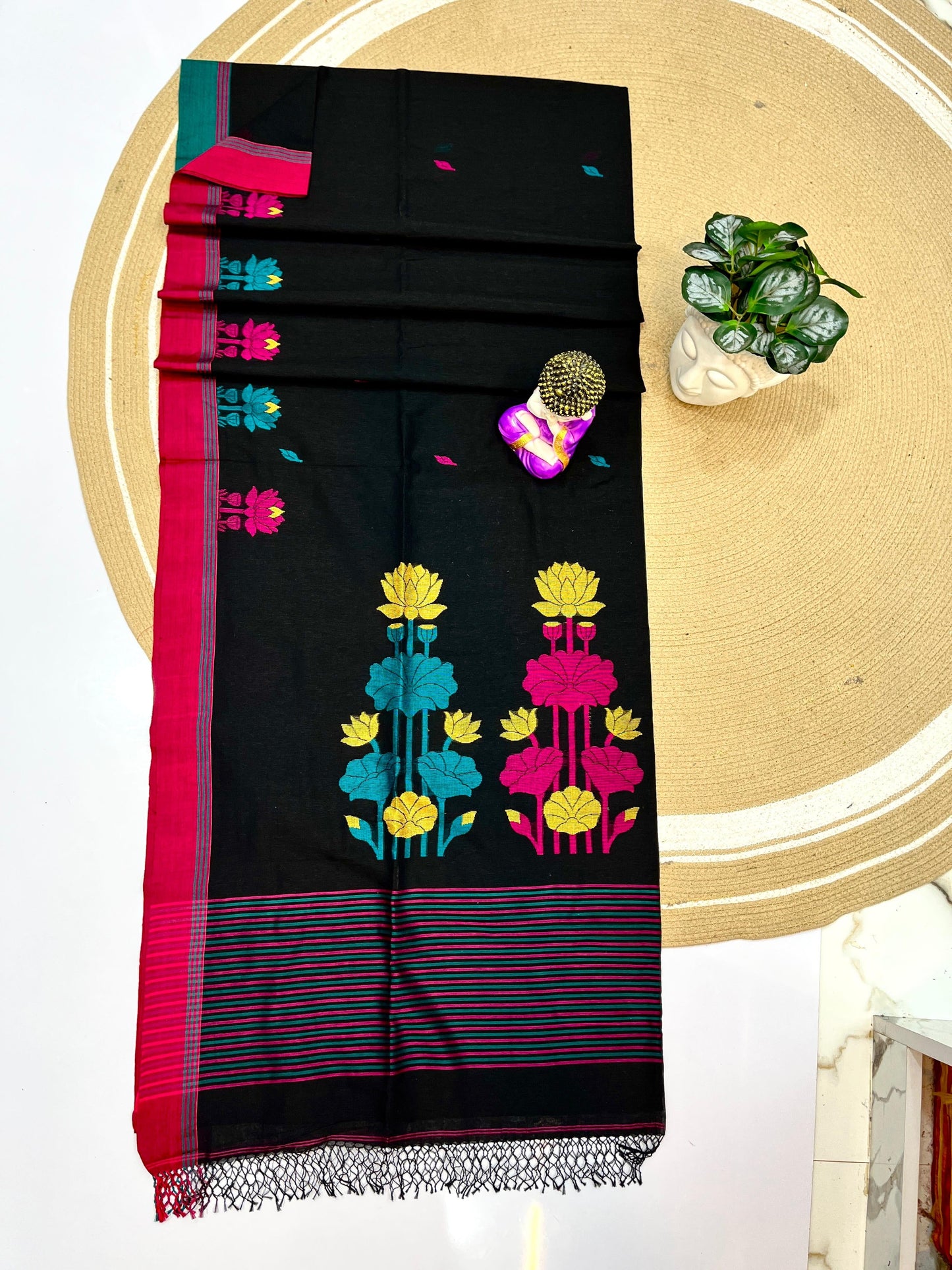 Cotton bi cotton jamdani saree - Black - Cotton jamdani