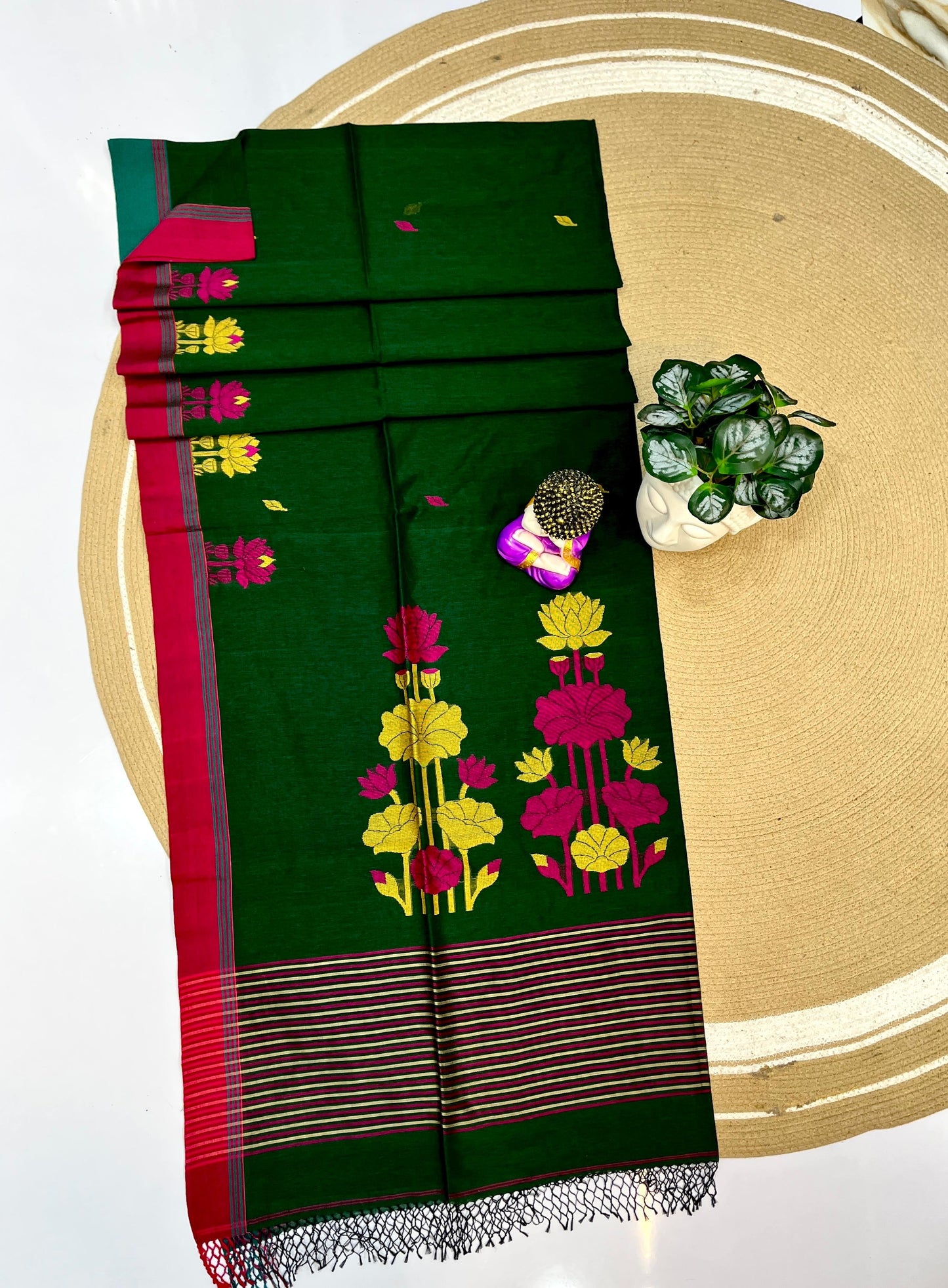 Cotton bi cotton jamdani saree - Green - Cotton jamdani