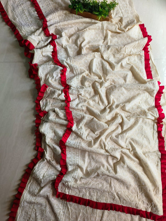 Cotton chikonkari saree white - cotton saree