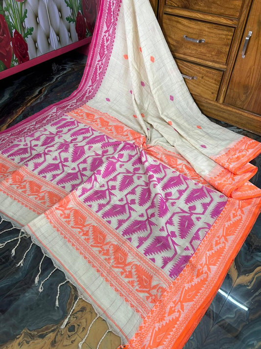 Cotton ikkat jamdani saree of Bengal - White - Cotton jamdani
