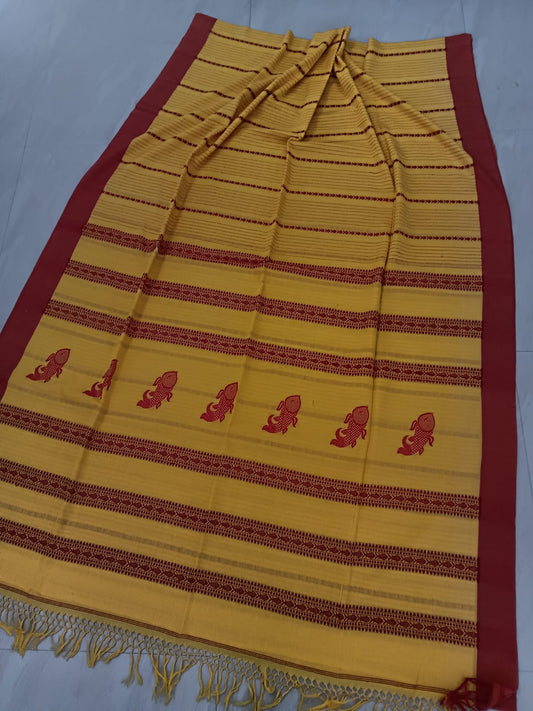 Cotton jamdani saree fish - Yellow