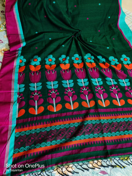Cotton jamdani saree from the loom of Bengal - Green - Cotton jamdani