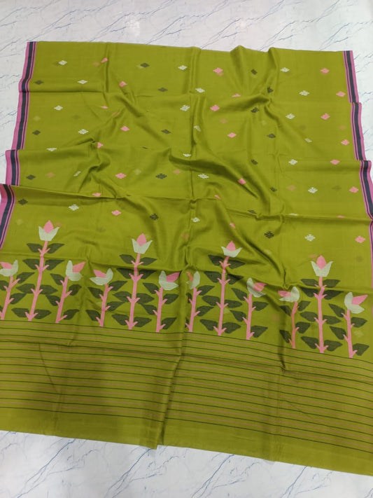 Cotton jamdani saree of Bengal hand woven saree - Mehendi