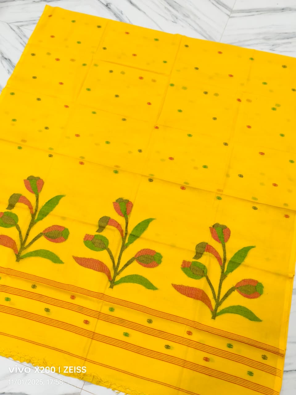 Cotton jamdani saree - Turmeric - Cotton jamdani