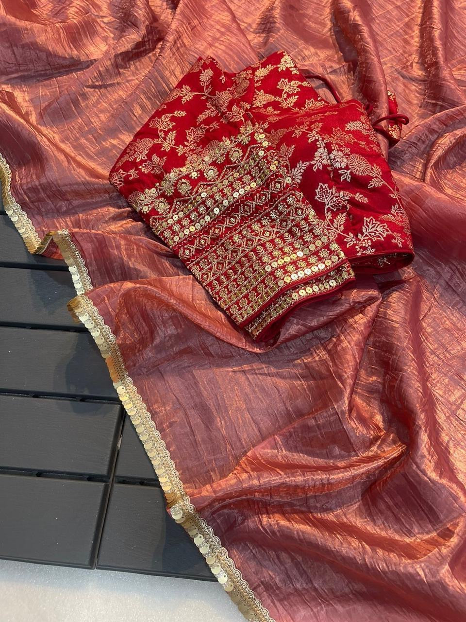Crushed tissue saree with stitched blouse