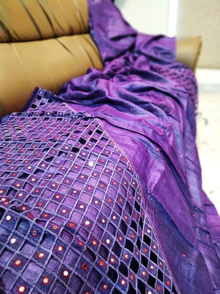 Cutwork and mirror work on tussar silk saree silk mark certified - Violet - Tussar saree