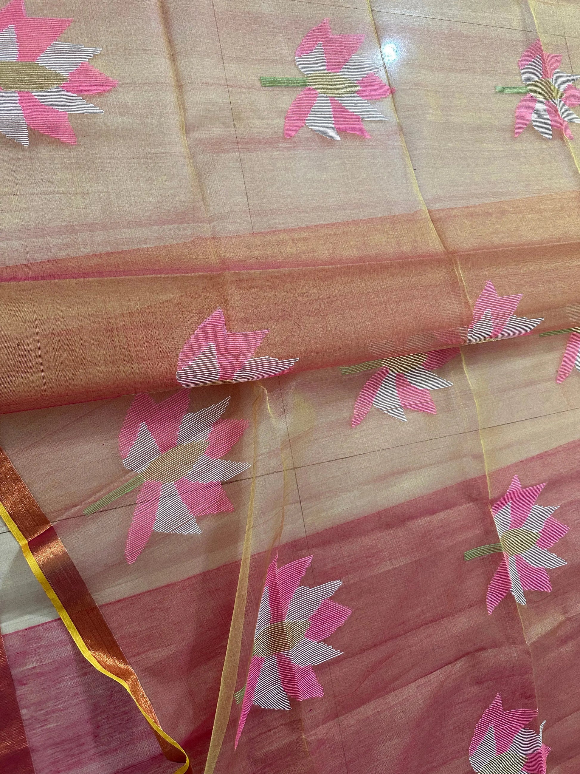 Peach coloured dual tone hand weaving Bengal Muslin saree of handweaving lotus Putul's Fashion