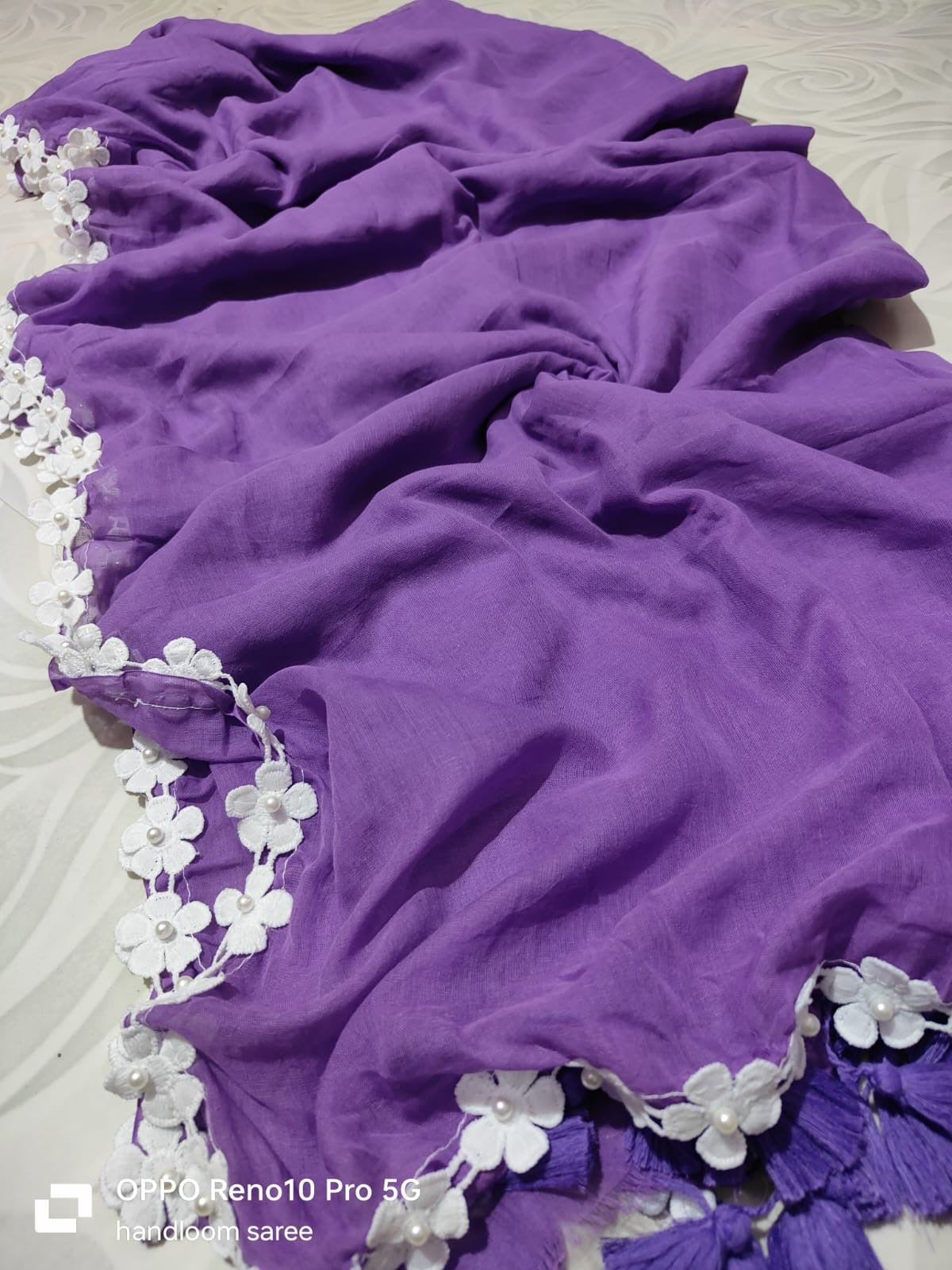 mul cotton saree with lace border - Purple - mal cotton