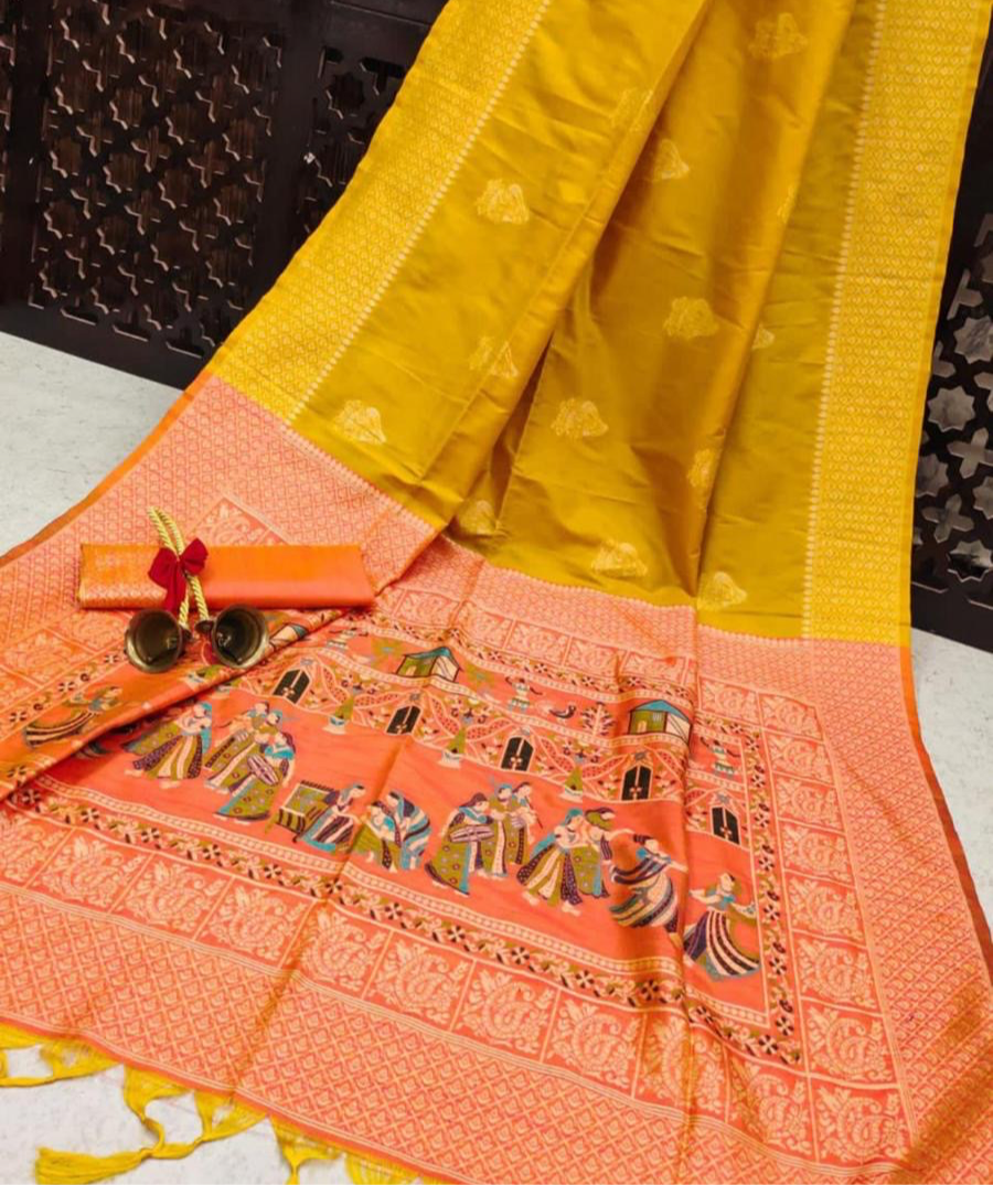 Raw silk in dual tone and ancient figure motif in straw yellow colour - Yellow - Soft silk