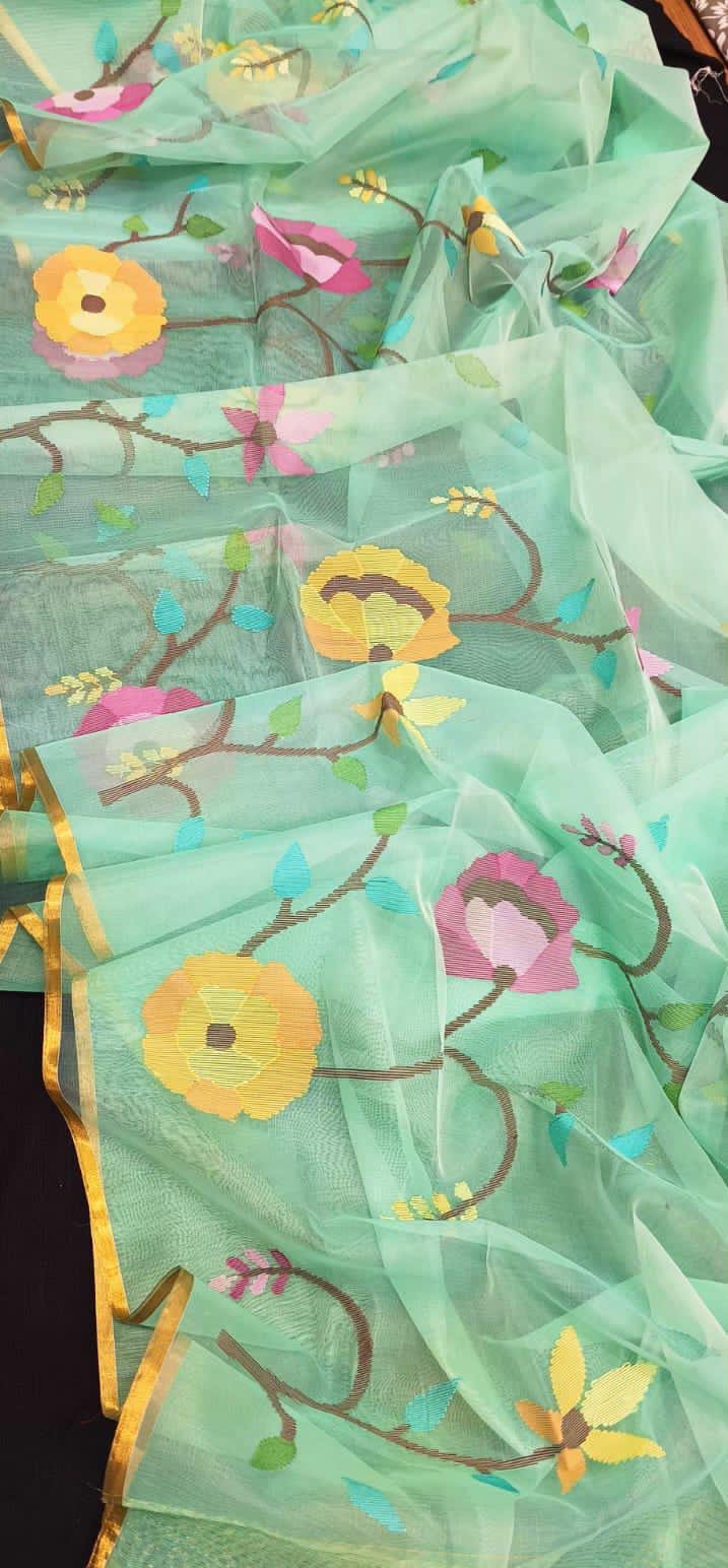 Handweaving muslin jamdani saree of Bengal - Sky - muslin saree
