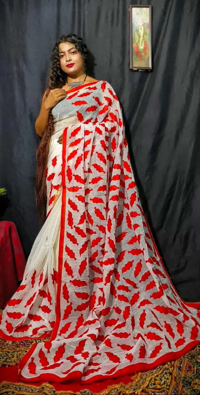 Applique saree white colour