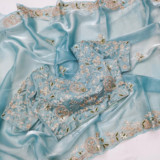 Jimmy Choo designer saree sky blue unstitched blouse - Sky - Jimmy