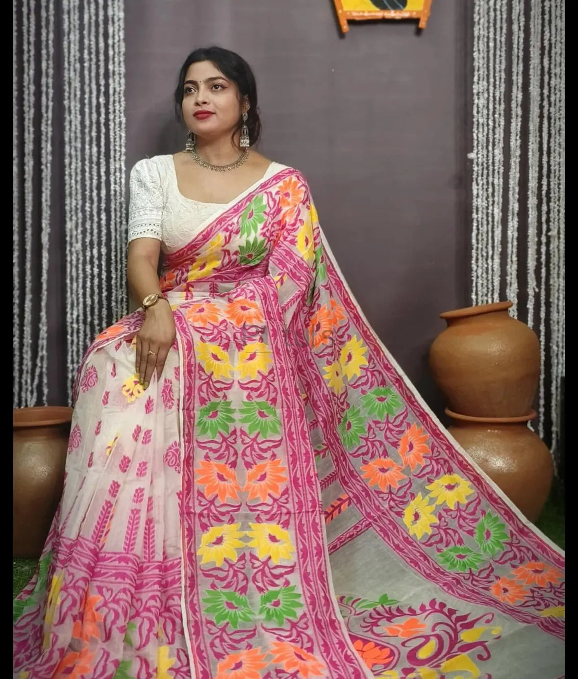 Multicoloured Bengal resham dhakai jamdani Putul's Fashion