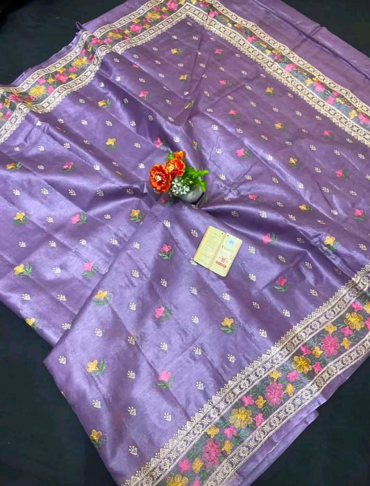 Desi Tussar bi Tussar embroidery work silk mark certified - Purple - Tussar saree
