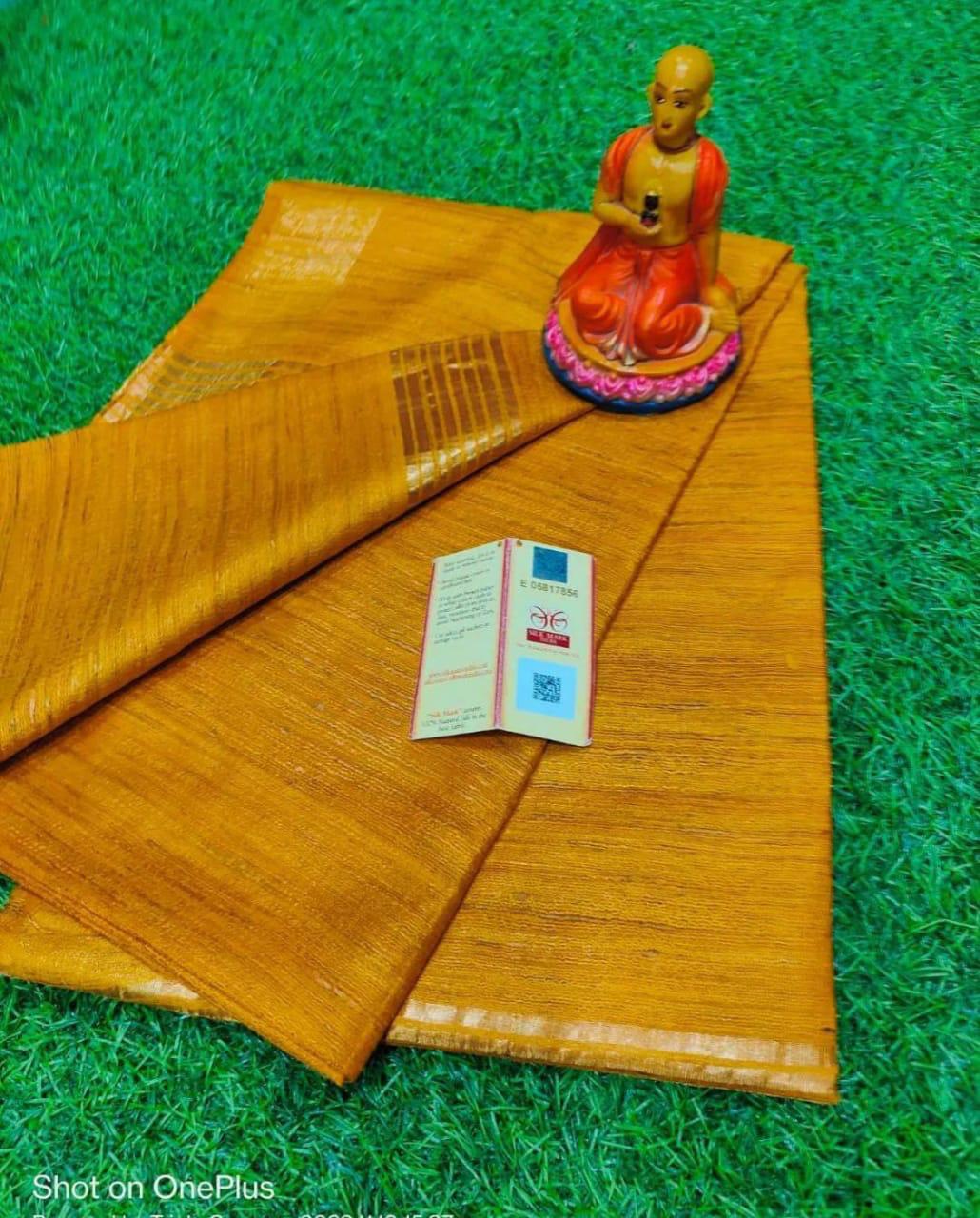 Single dye zari border gicha tussar silk saree silk mark certified - Mustard - Tussar saree