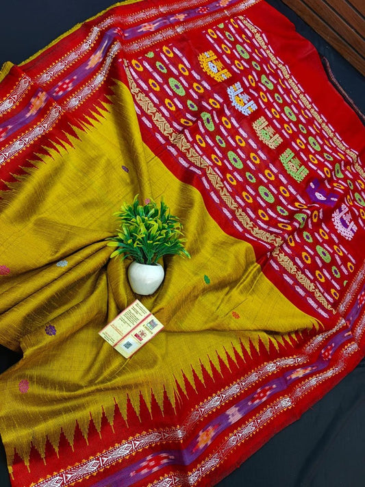 Dolabedi pallu Ikkat border raw silk saree silk mark certified - Gold