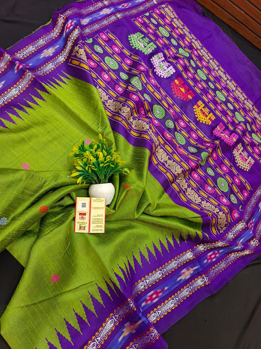 Dolabedi pallu Ikkat border raw silk saree silk mark certified - Parrot green