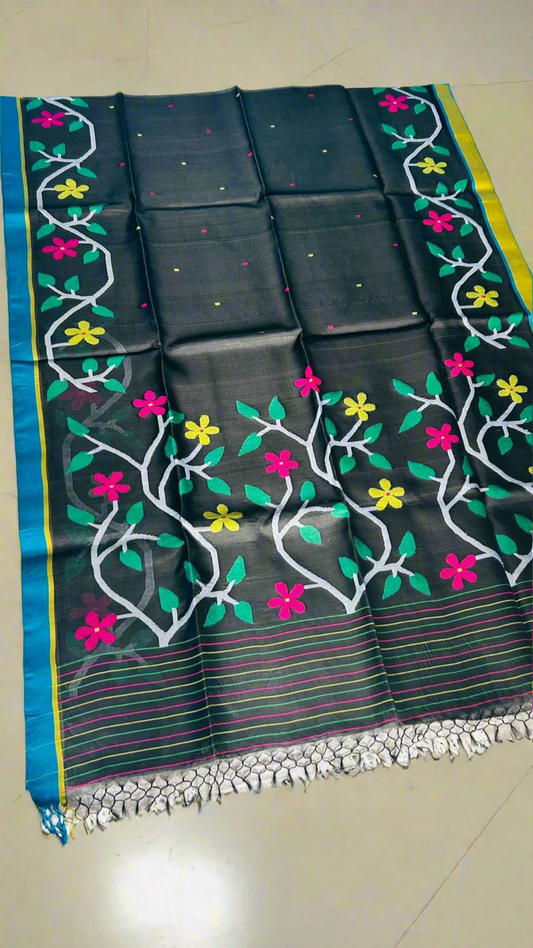 Muslin Tantuj jamdani saree from Bengal Black - Black - Tantuj muslin