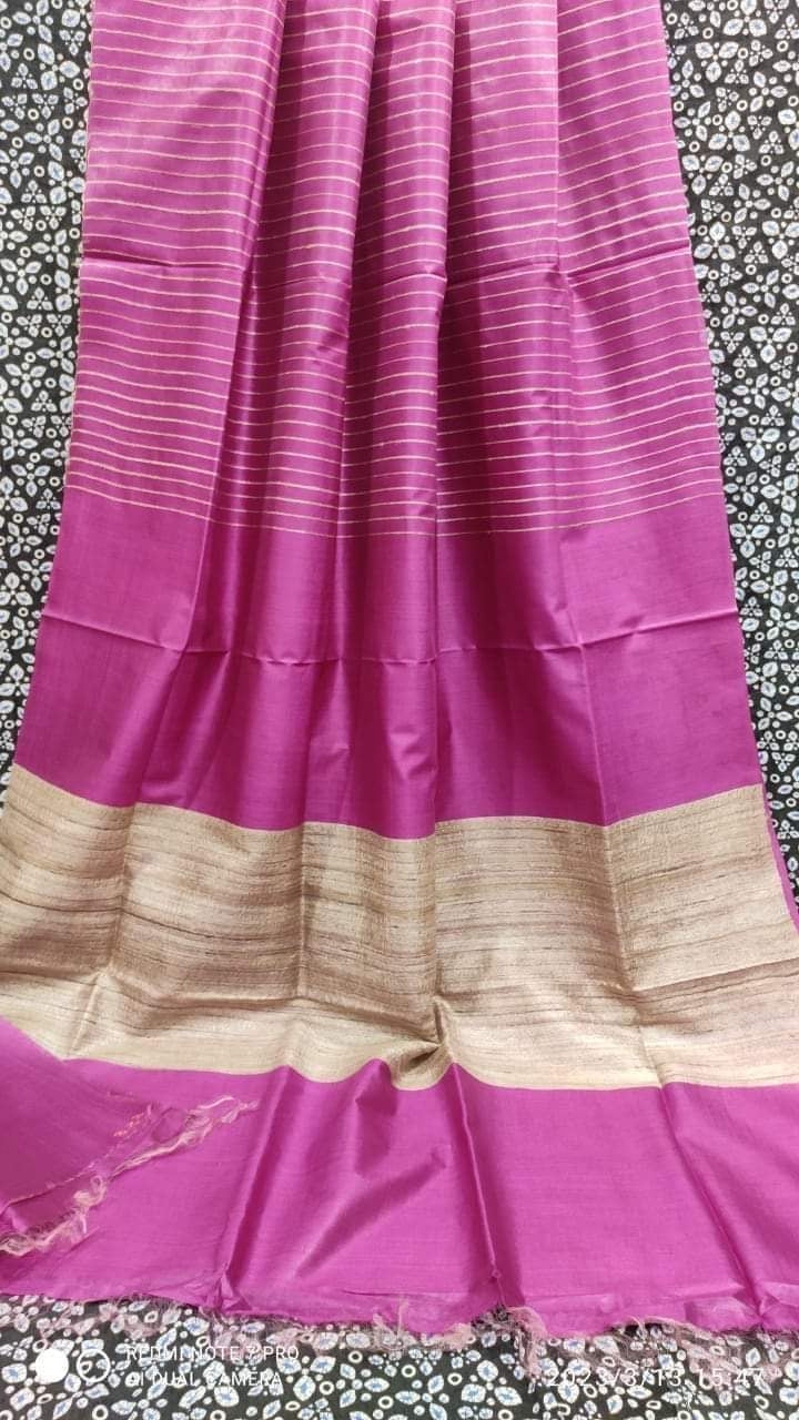 Striped tussar silk saree silk mark certified - Pink