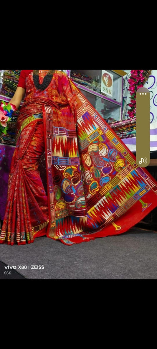 Red kantha stitch on blended Bangalore silk