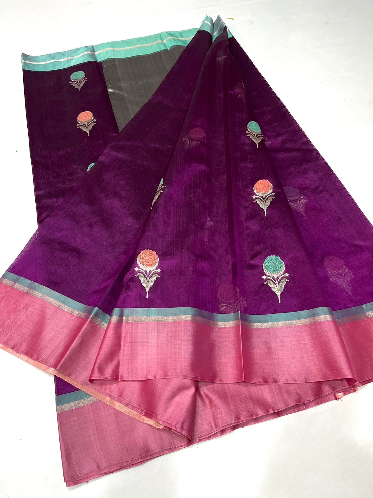Wine coloured Kerala Pattu Tissue Saree with minakari kadwa butta Resham border and zari pallu - Silver white - Pattu