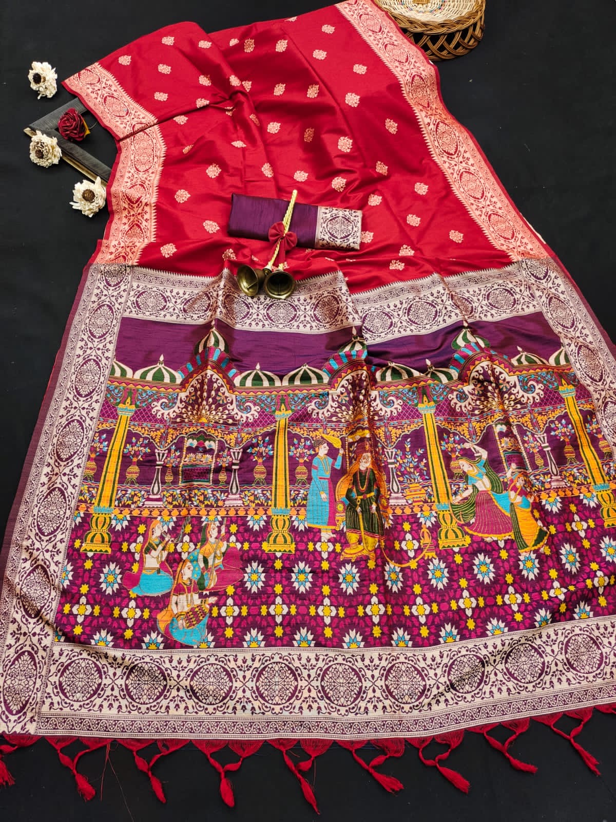 Raw silk saree in ancient motif anchol - Red