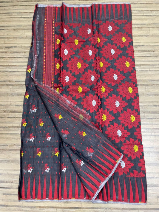 Red weaving on black coloured soft Dhakai jamdani saree - jamdani saree