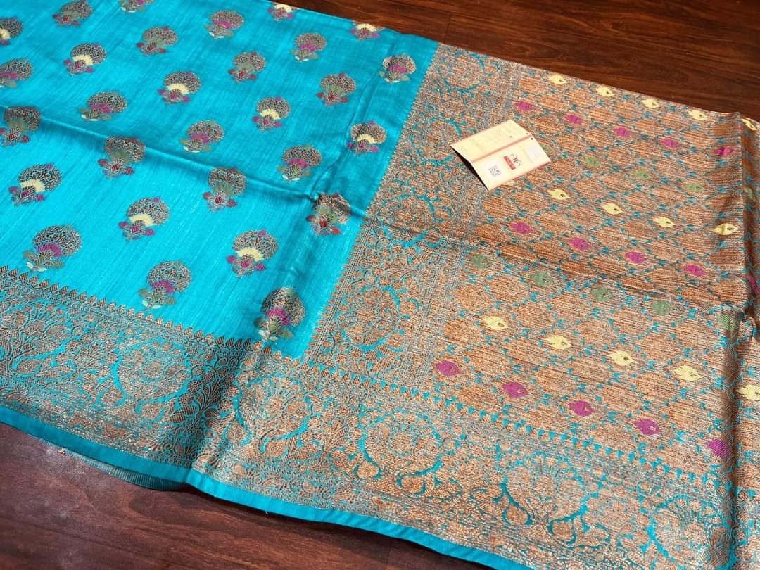 Tussar Muga banarasi saree silk mark certified meenakari weaving - 🌌 sky - muga banarasi