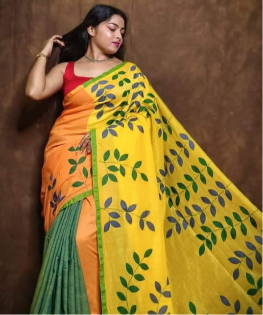 Applique work on handloom saree - Multicoloured - applique saree