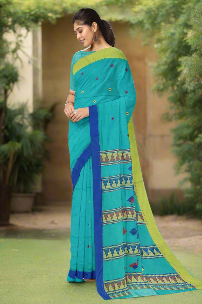 Teal coloured pure cotton saree - Khadi cotton saree