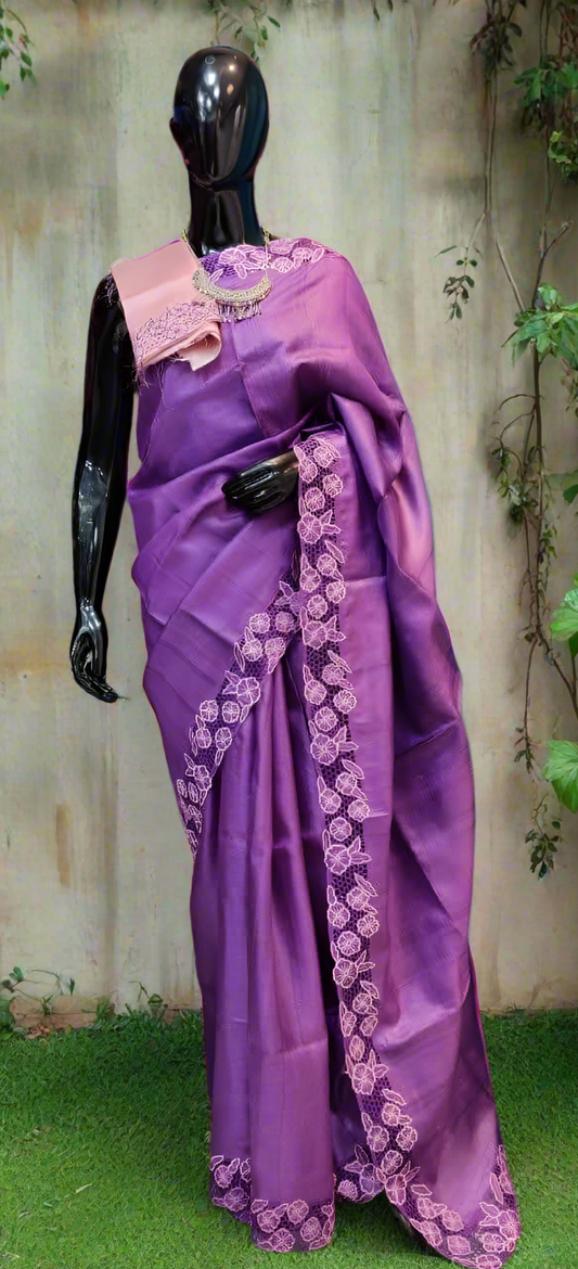 Cutwork on desi tussar silk saree with silk mark certified brinjal violet saree - Violet - Tussar saree