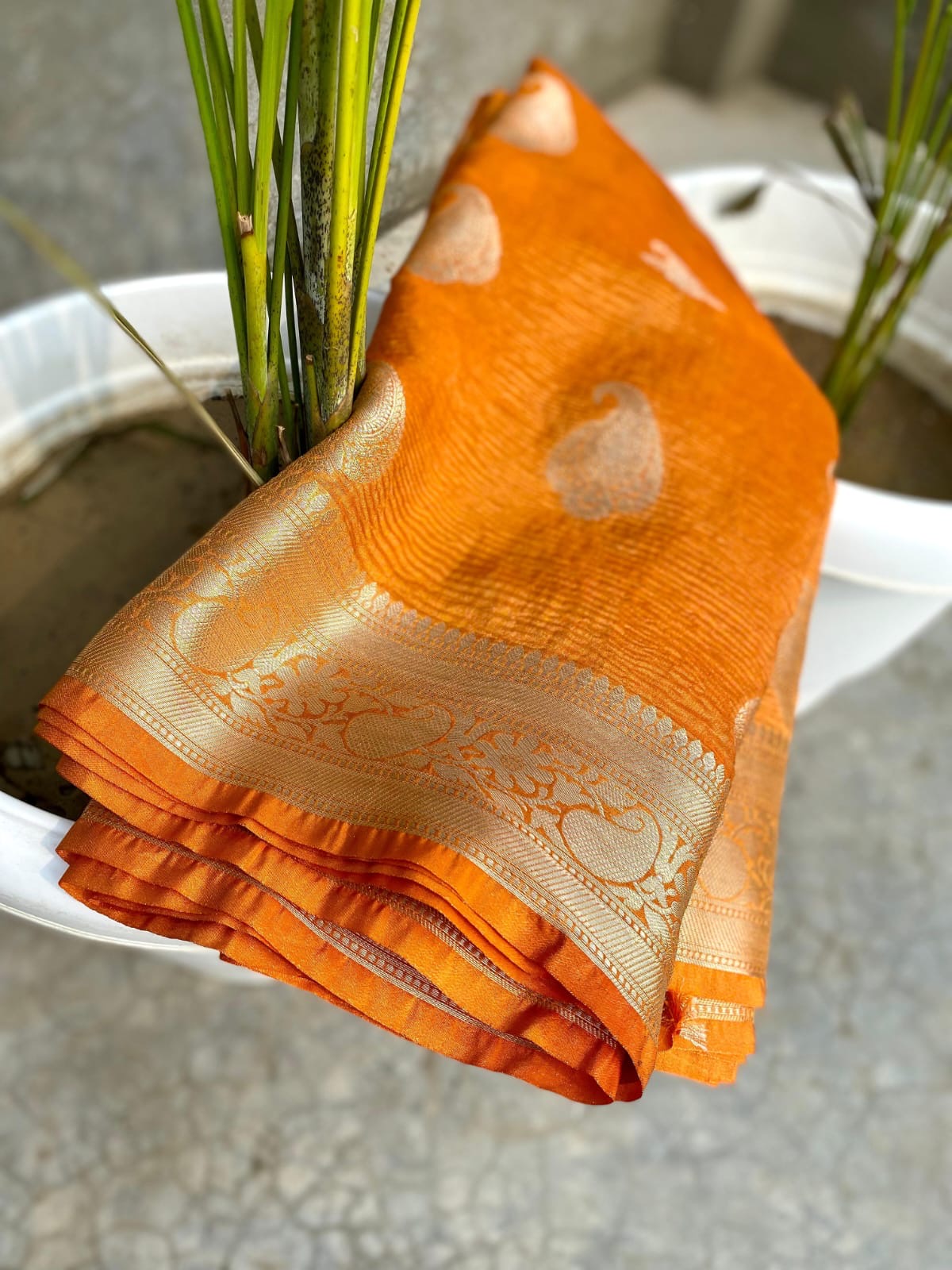 Dyeable crushed tissue silk banarasi saree - Orange