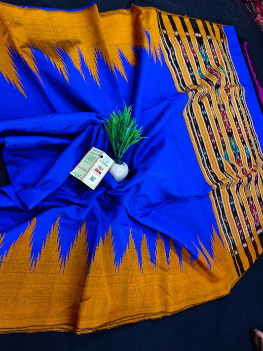 Chattishgarh raw silk saree with ikkat motif pallu Silk marked - Blue - Raw silk