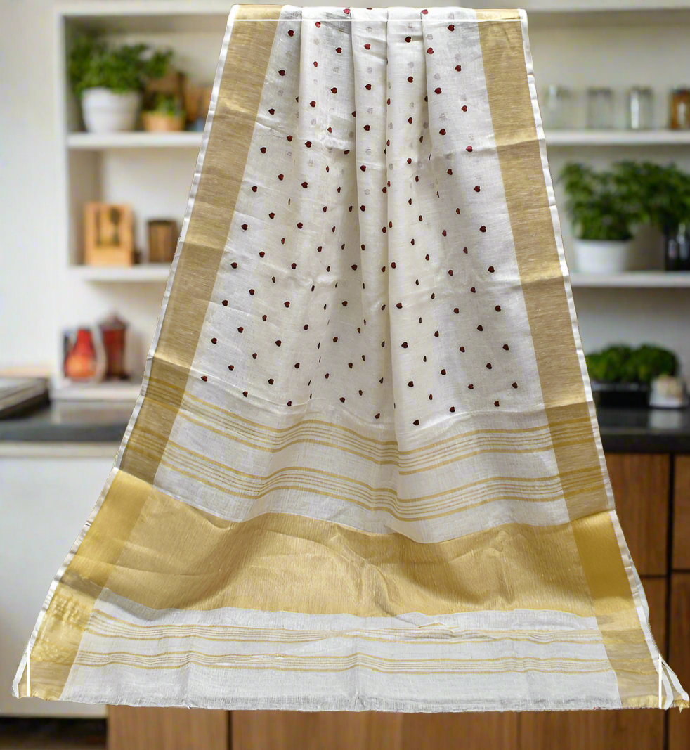 Linen silk with love motif embroidery - White - Linen Saree