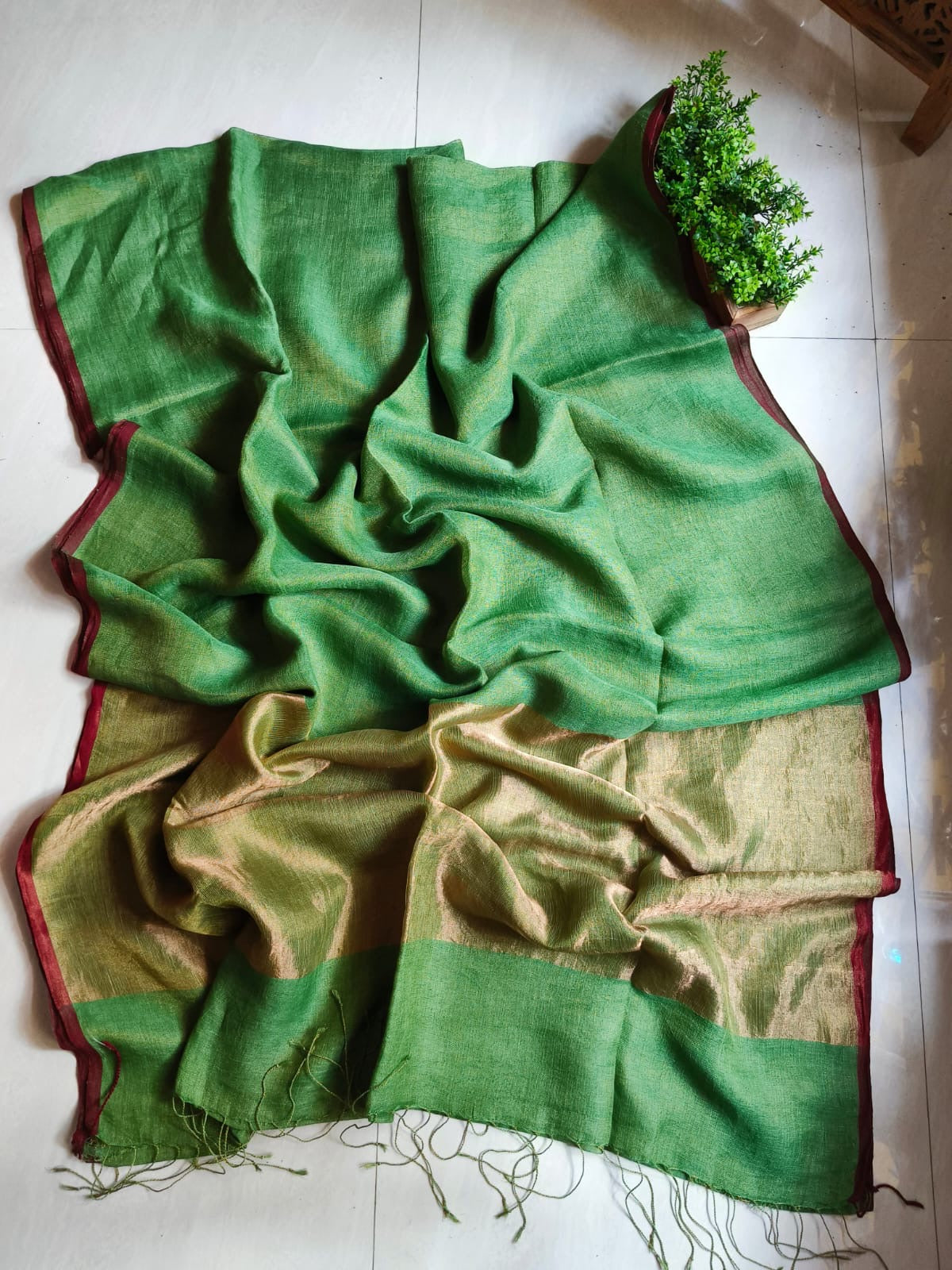 Metallic linen saree zari pallu - Green