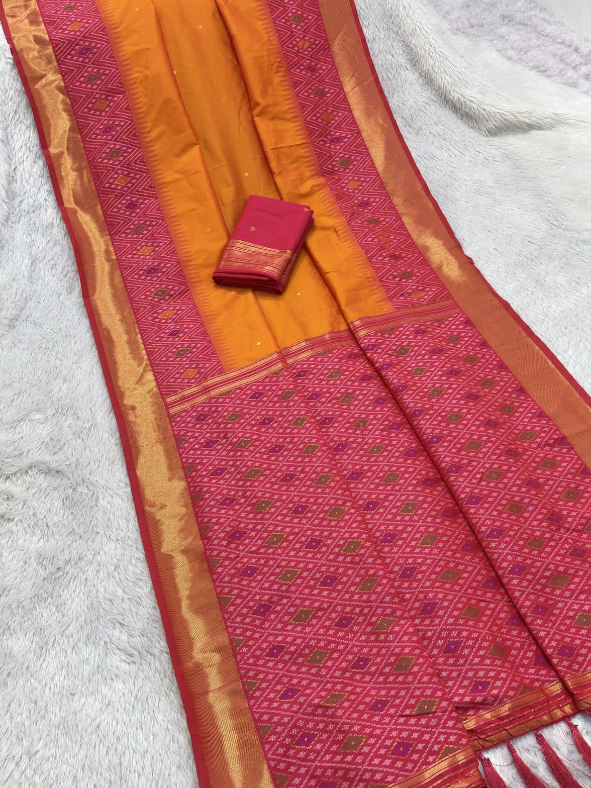 Elegant soft Silk Sarees Featuring Geometric Patterns and Zari Borders - Rust orange - silk saree