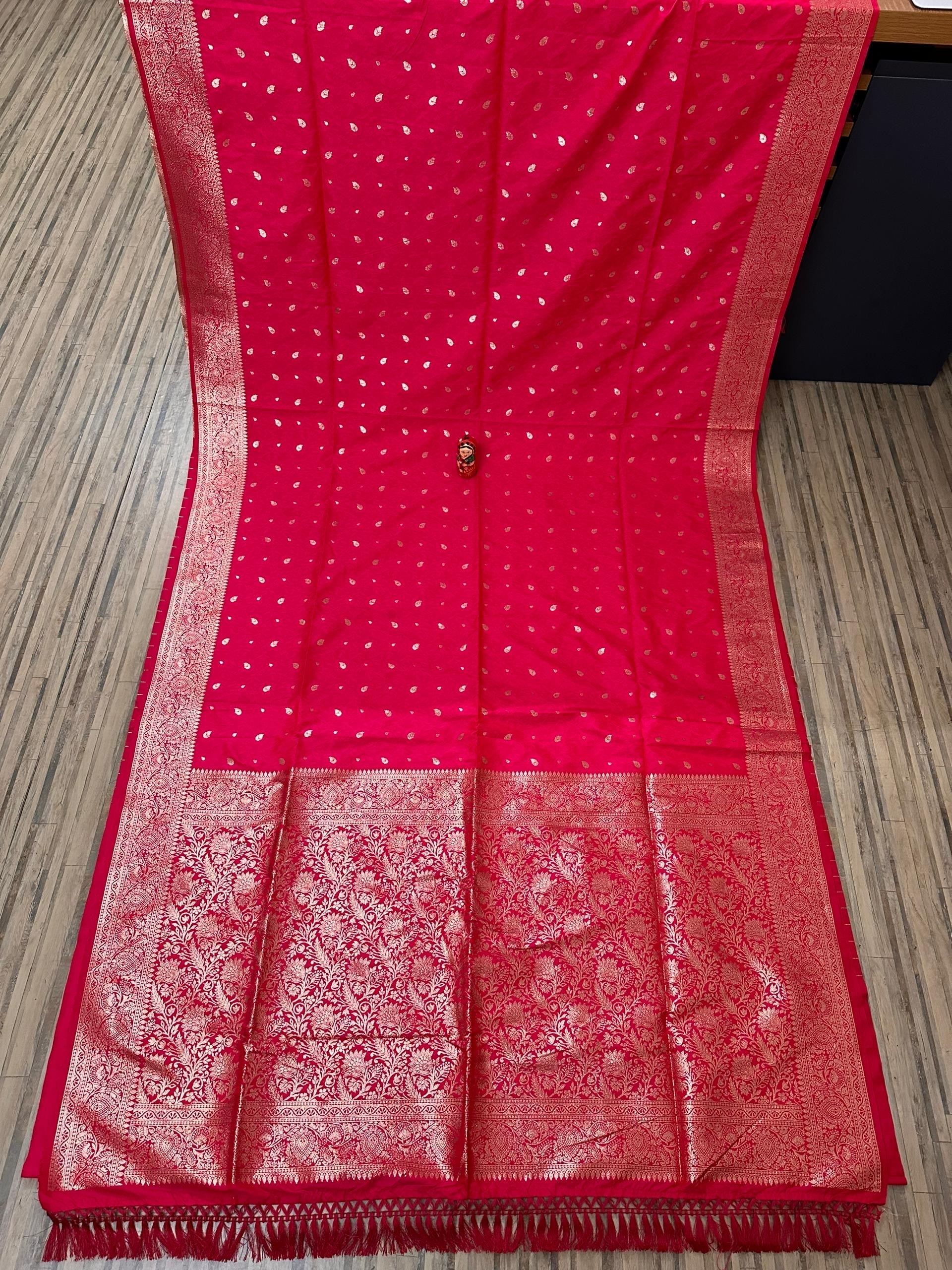 Deep pink tanchui katan silk with pompom - katan saree