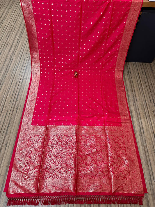 Deep pink tanchui katan silk with pompom - katan saree