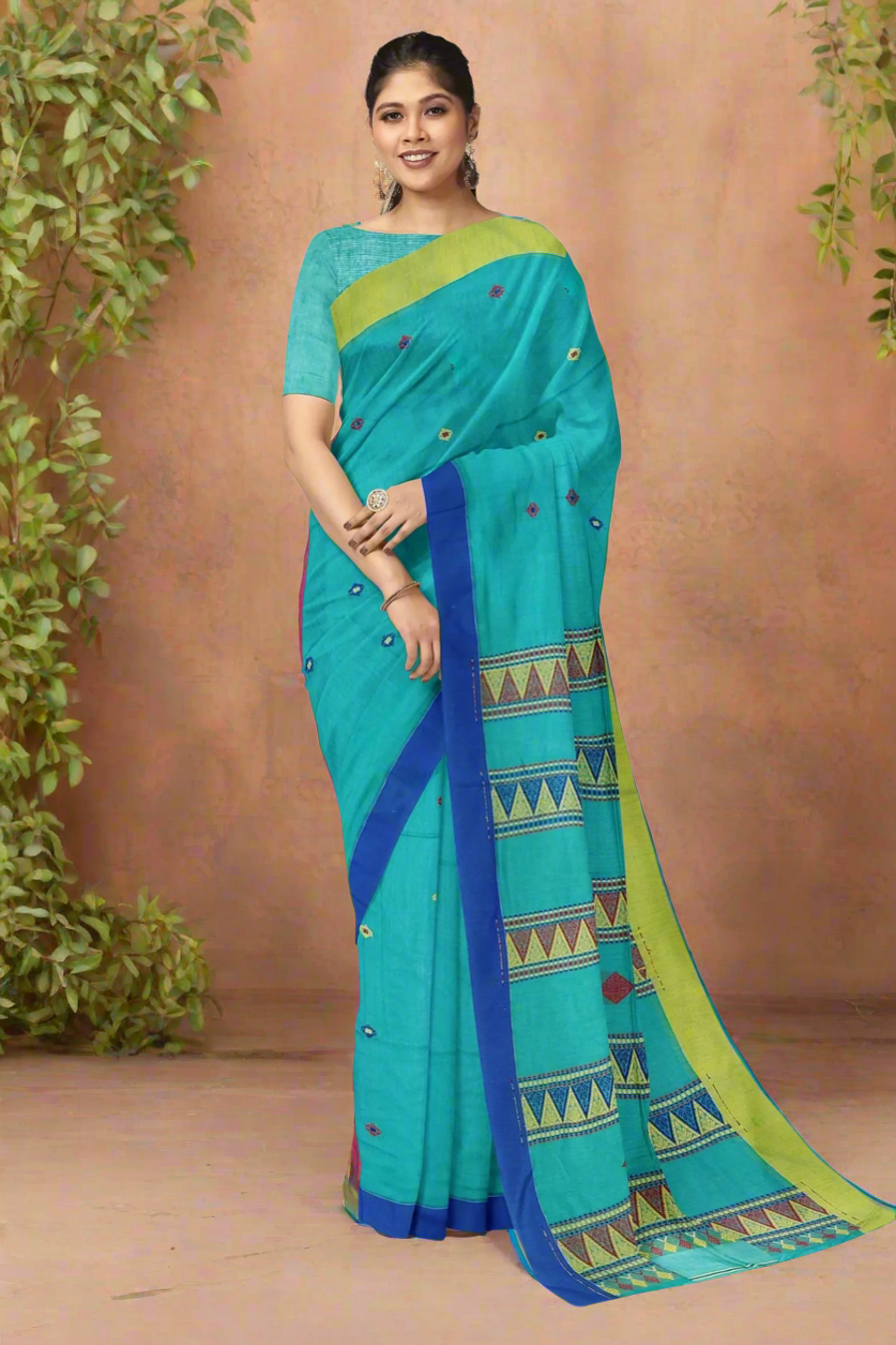 Teal coloured pure cotton saree - Khadi cotton saree