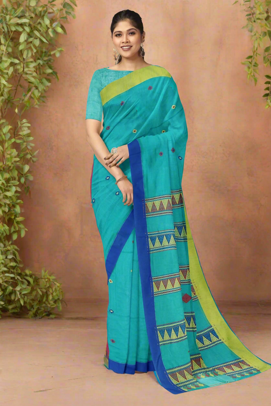Teal coloured pure cotton saree - Khadi cotton saree