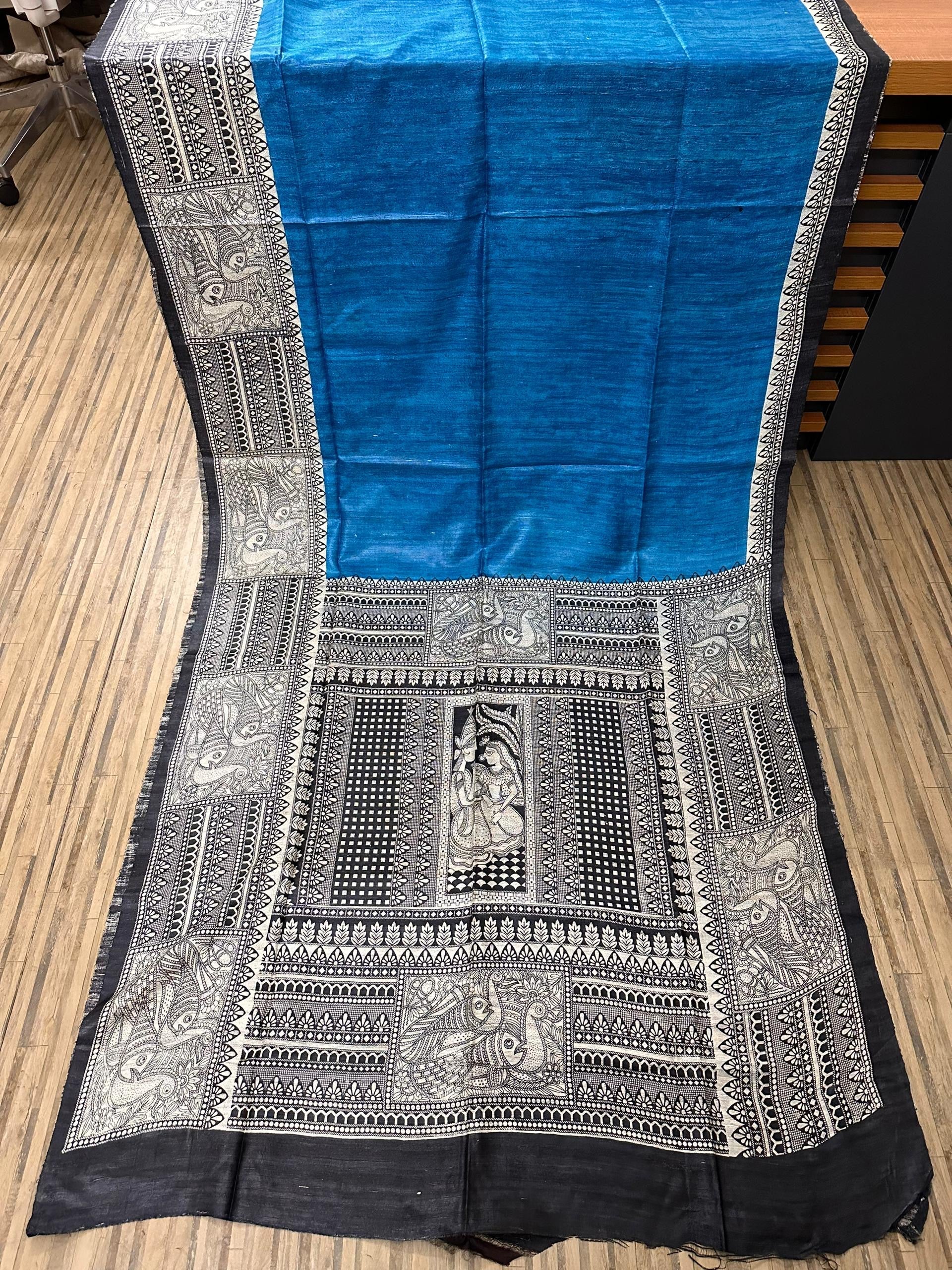 Sky blue Madhubani print tussar gicha silk saree - Blue - Tussar saree