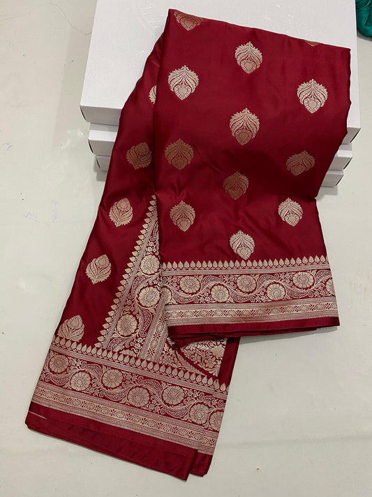 Flower mashru katan silk saree - Maroon - Mashru katan