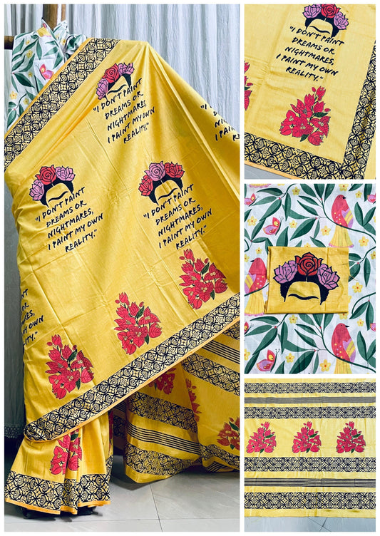 Frida Kahlo saree..Block print saree of Bengal signature saree..Frida Kahlo on Saree - Yellow - block print saree