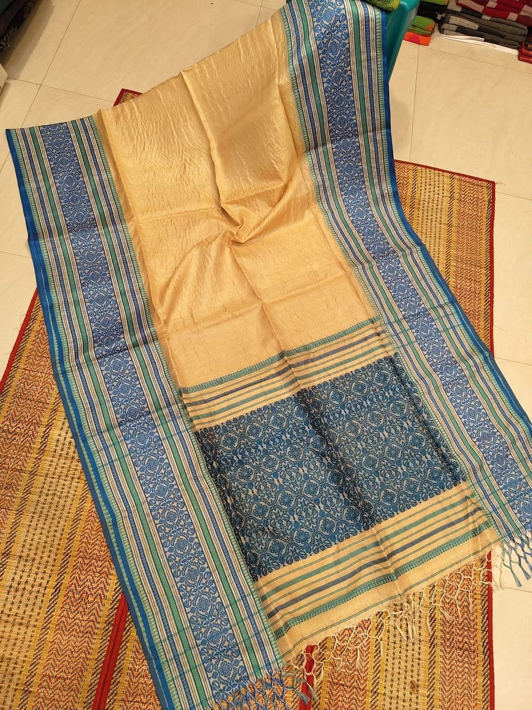 Gachi Tusar saree from the loom of Bengal silk mark certified - Teal blue - Tussar saree