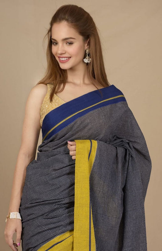 Ganga yamuna cotton mini checks saree - Blue Yellow
