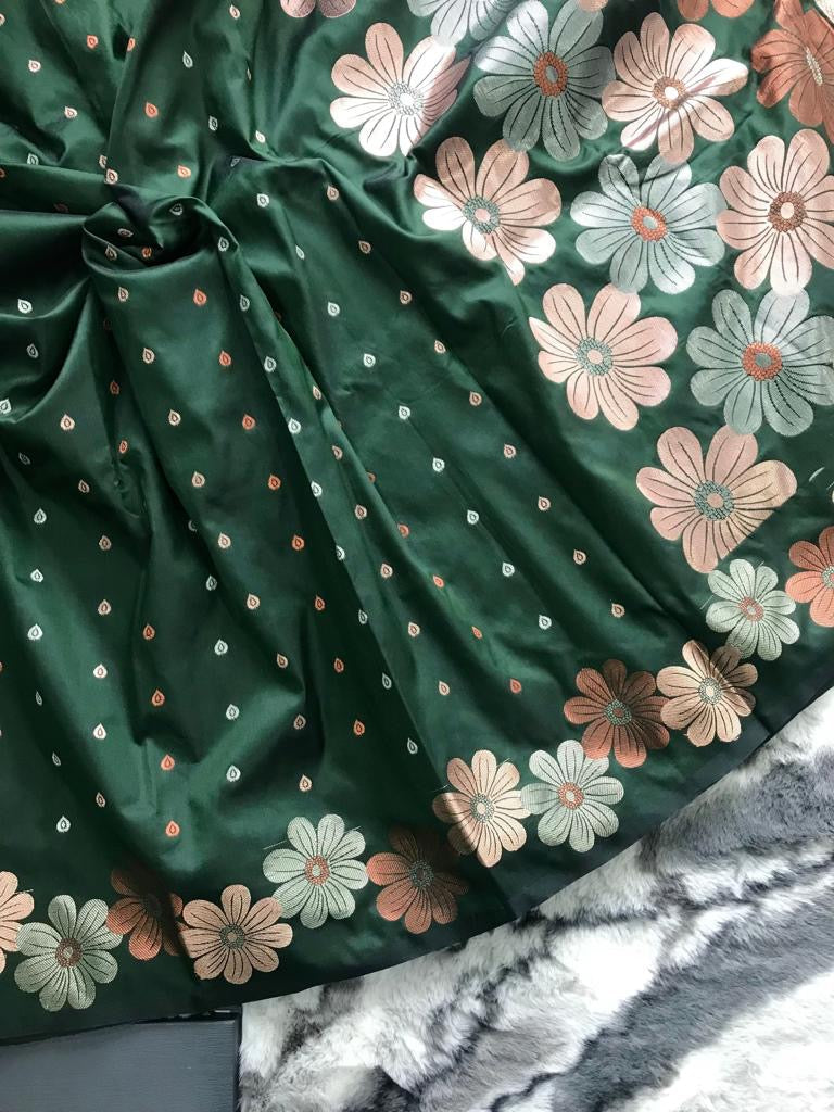 Gold silver flower weaving on violet soft silk saree - Bottle green - Soft silk