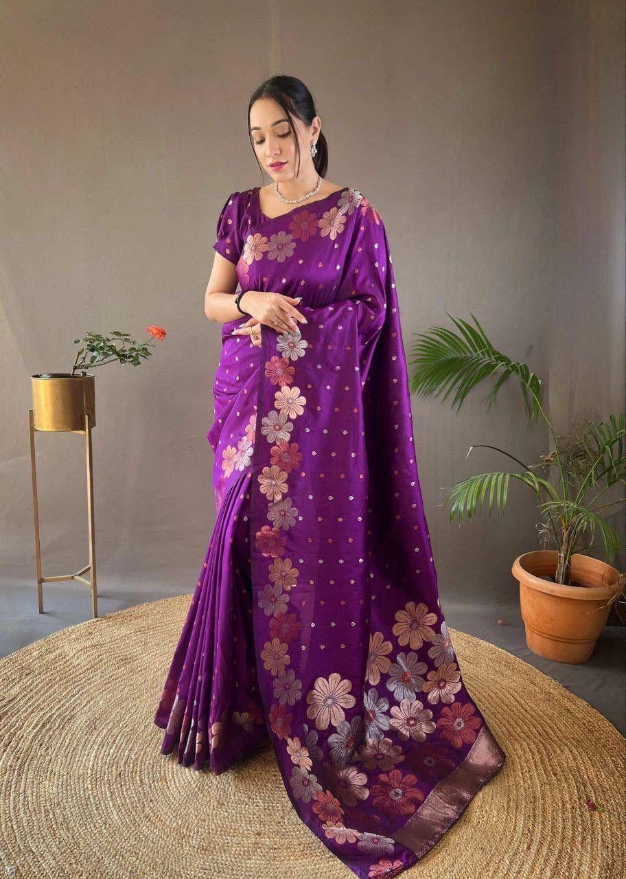 Gold silver flower weaving on violet soft silk saree - Purple - Soft silk