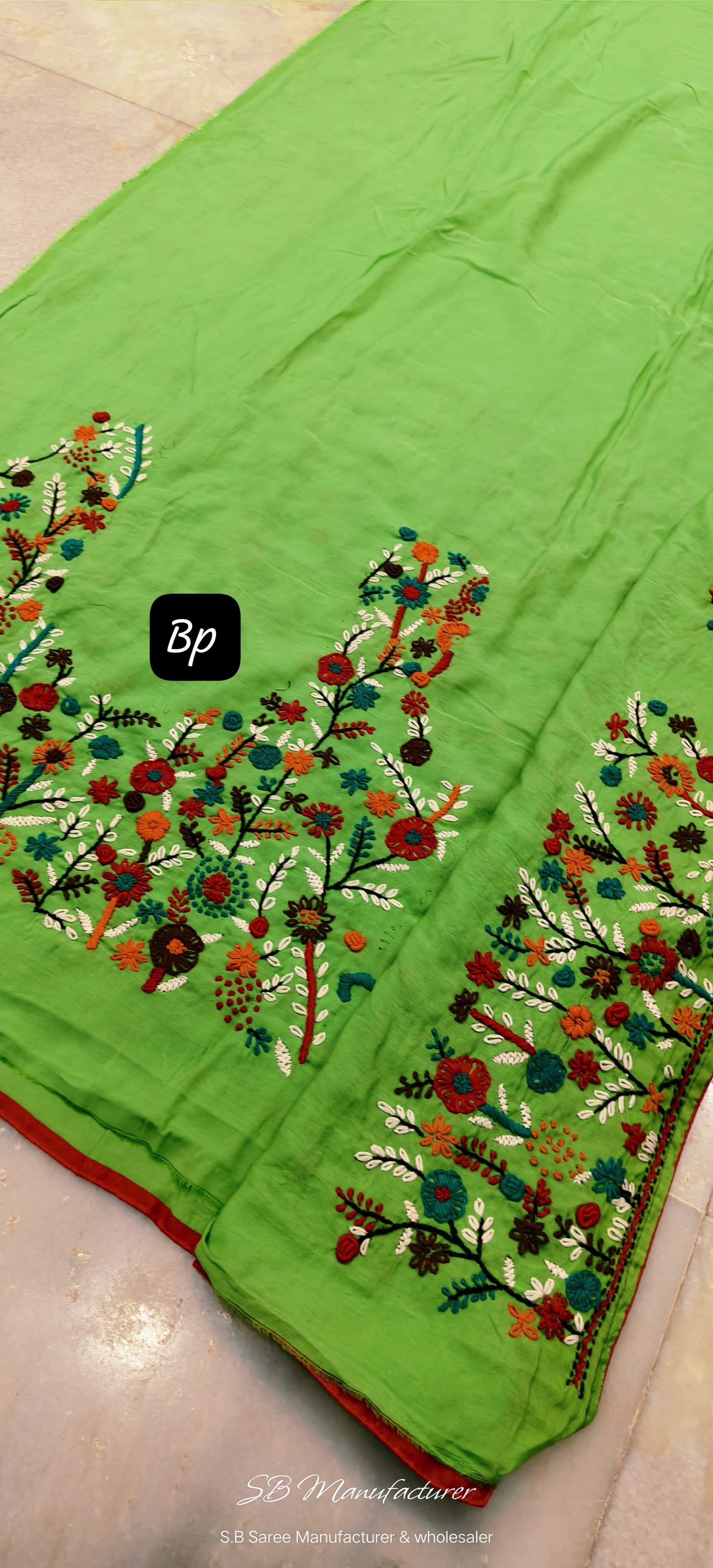 Green Semi Tussar Silk Saree with Parsi Embroidery and Floral Design - saree handloom