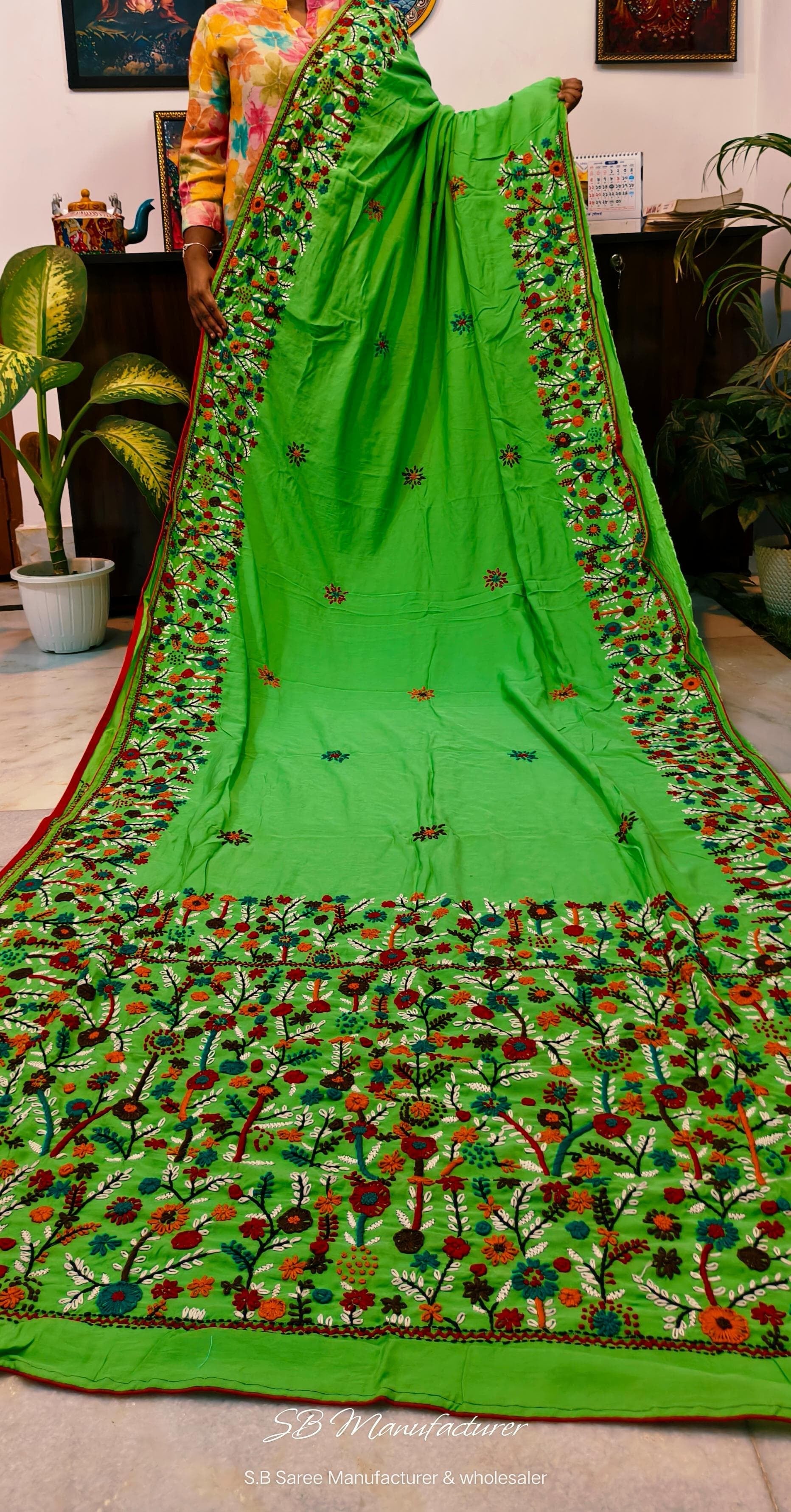 Green Semi Tussar Silk Saree with Parsi Embroidery and Floral Design - saree handloom