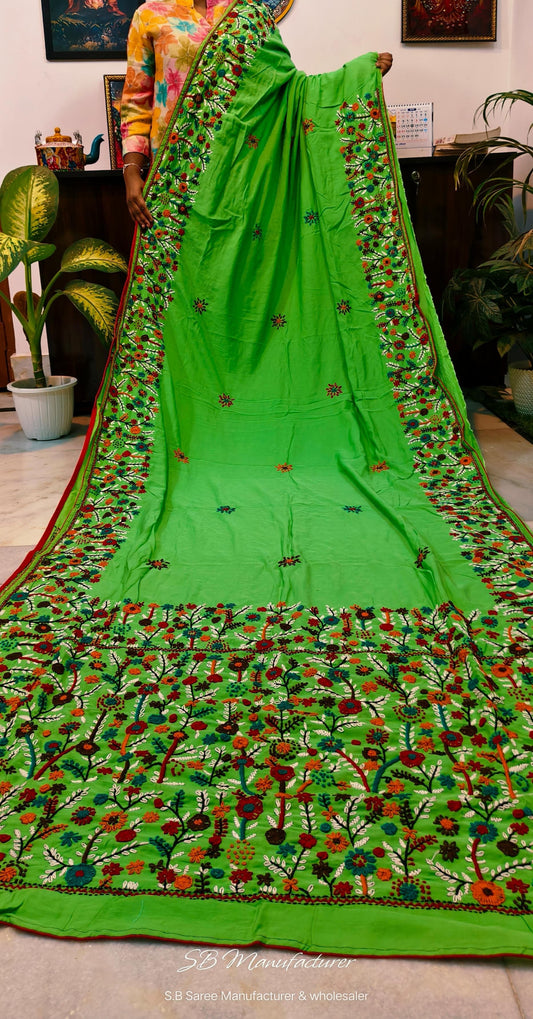 Green Semi Tussar Silk Saree with Parsi Embroidery and Floral Design - saree handloom